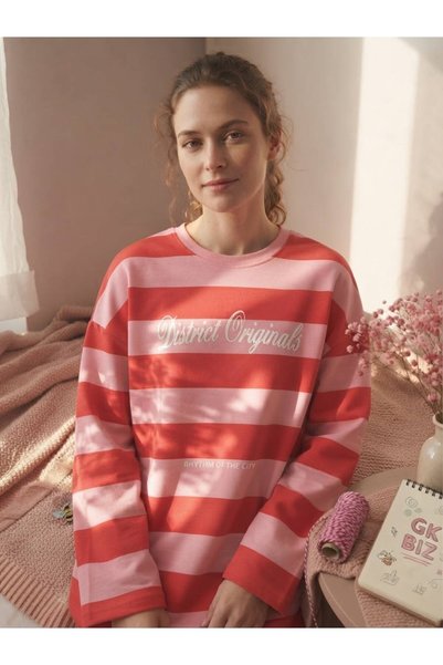 moda gk Çizgili Bisiklet Yaka Oversize Düşük Kol Örme Sweatshirt