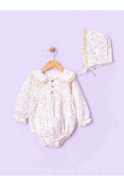 FURYATEX Floral Patterned 100% Cotton Muslin Baby Girl Romper and Bonnet Hat Set