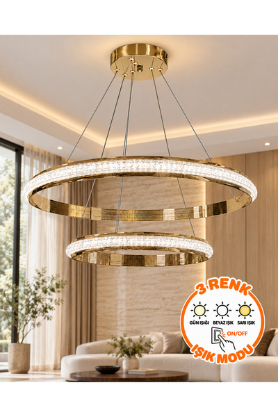 Dekorluna Ring Gold Çift Halka Avize 3 Renk Işık Modlu Led Avize Modern Salon...