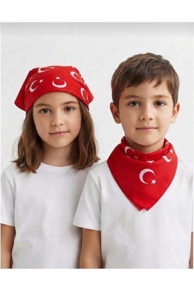 MutluBiDünya Türk Bayrağı Desenli Kırmızı Fular Bandana 23 Nisan 19 Mayıs Fuları