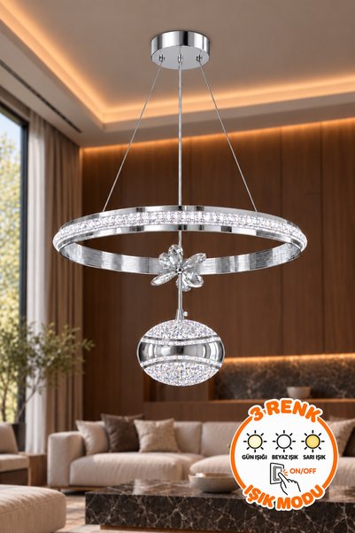 Dekorluna Live Halka 40cm Krom Halka Avize Kristal Küre Sarkıtlı 3 Renk Işık ...