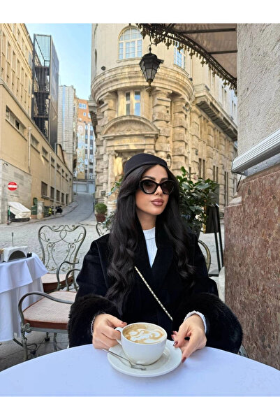 bysocafashion جاكيت نسائي بحزام وتفاصيل من الفرو - أسود