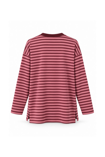Mogi Butik Women's Combed Cotton Fabric Letter Printed Crew Neck Striped Tunic 3260