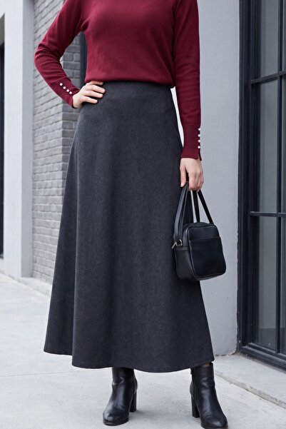 HİJABAYA High Waist Draped Unlined Midi A-Line Hijab Skirt - Anthracite