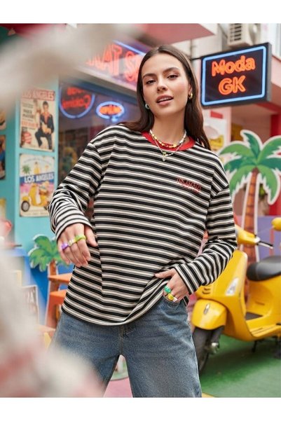 moda gk Çizgili Bisiklet Yaka Oversize Düşük Kol Örme Sweatshirt