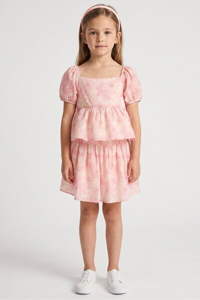Badgley Mischka Kids Girl 3 Pieces Floral Print Top And Skirt Set With Headband