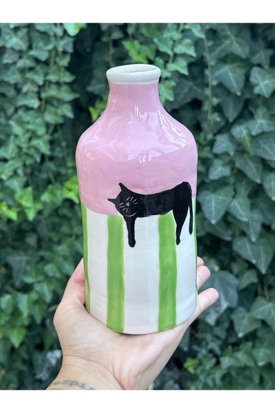 Leonart Atölye El Yapımı Figürlü Seramik Vazo - Pembe Yeşili Çizgili Ve Siyah...