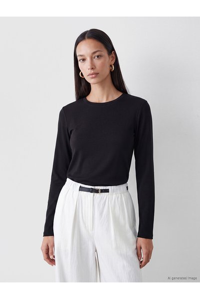 LC Waikiki Nevavm Black Combed Cotton Plain Narrow & Slim Long Sleeve Women's...