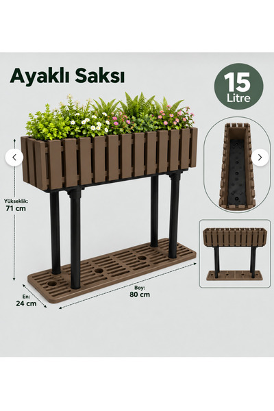 Poliwork 15 Litre Ayaklı Saksı 80x24x71 cm Dekoratif Yükseltilmiş Standlı Çiç...