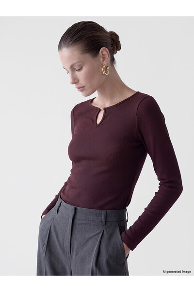 LC Waikiki Nevavm Plum Ribbed Plain Narrow & Slim Long Sleeve Women's Bodysuit