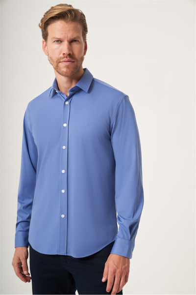 İmza Dark Blue Soft Collar Knitted Slim Fit Stretchy Shirt 1004265170