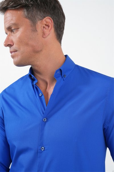 İmza Blue Buttoned Collar Long Sleeve Slim Fit Cotton Shirt 1004260235