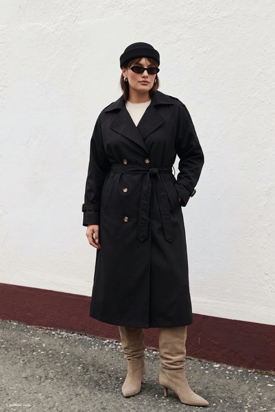 Sateen Trenchcoat mit Schnallendetail - Schwarz
