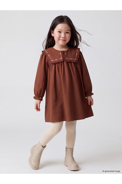 LC Waikiki Lcw Kids Brown Gabardine Embroidered Girls' Dress with Nevavm Diff...