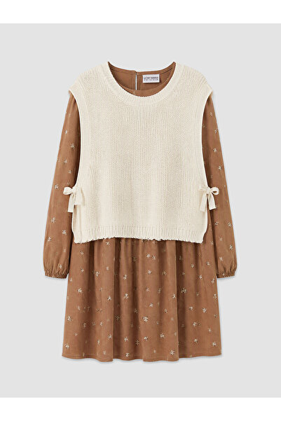 LC Waikiki Lcw Kids Ecru Gabardine Girls' Dress and Sweater with Nevavm Diffe...