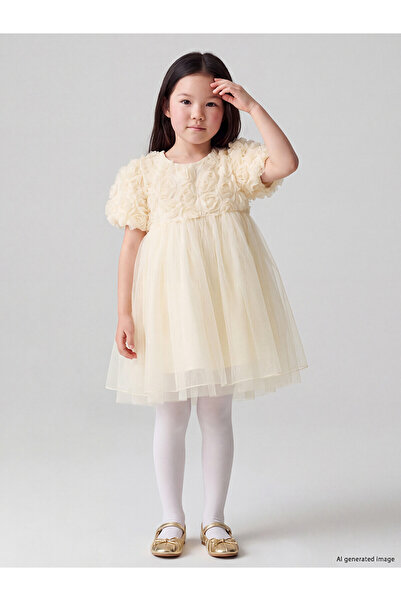 LC Waikiki Lcw Kids Ecru Tulle Embroidered Girls' Dress with Nevavm Difference