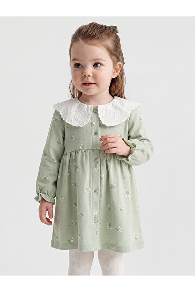 LC Waikiki Nevavm Lcw Baby Green Baby Collar Floral Baby Girl Dress with a Di...