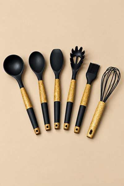KLARHAUS Bambi̇na 6-Piece Bamboo Handle Acacia Look Silicone Kitchen Serving ...
