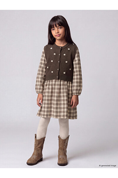 LC Waikiki Lcw Kids Brown Girls' Plaid Dress and Vest Set with Nevavm Difference