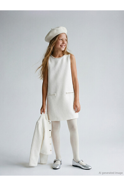 LC Waikiki Lcw Kids White Oval Collar Stoned Girls Tweed Dress with Nevavm Di...