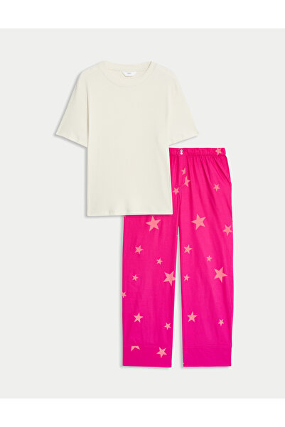 Marks & Spencer Pamuk Karışımlı Ribanalı Yıldız Baskılı Pijama Takımı