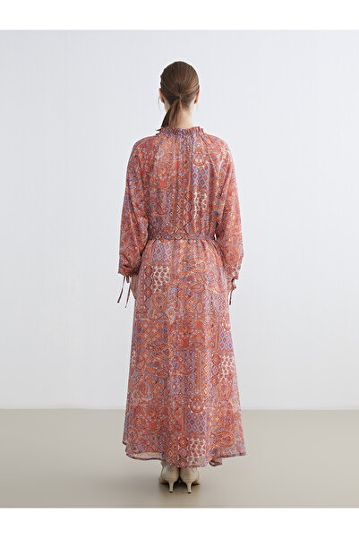 LC Waikiki Nevavm Lcw Modest Mixed Chiffon Patterned Loose & Wide Tie Collar Long Dress with a Difference