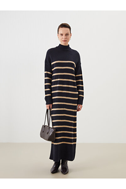 LC Waikiki Nevavm Lcw Modest Beige Knitwear Striped Loose & Wide Collar Long ...