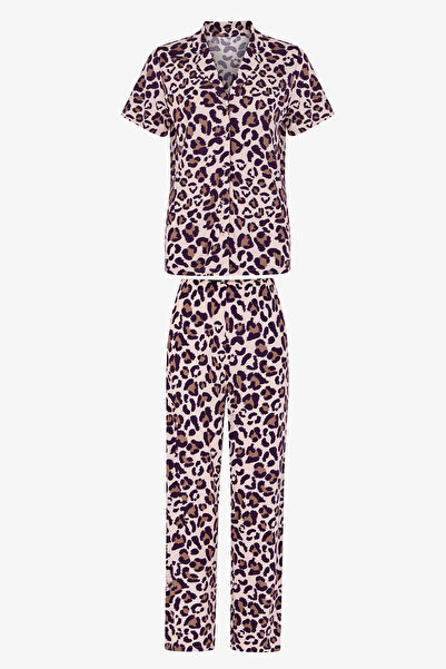 Penti Pembe Collagen Leopar Desenli Kısa Kollu Gömlek Pantolon Pijama Takımı