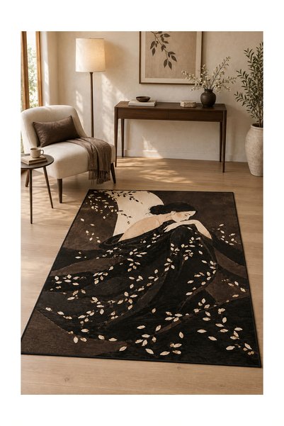 Rugs Modern Halı DORA Botanik Desenli Koyu Kahve, Kırık Beyaz ve Siyah İnce D...