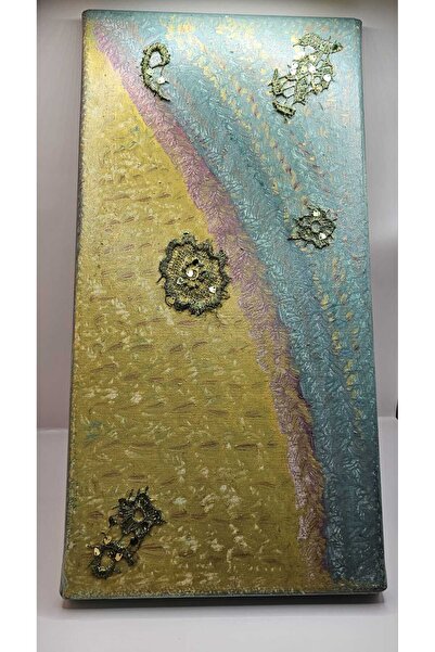 Marc Tablou Canvas Handmade Mixed Media cu Broderie și Paiete Aurii, Decor Pe...