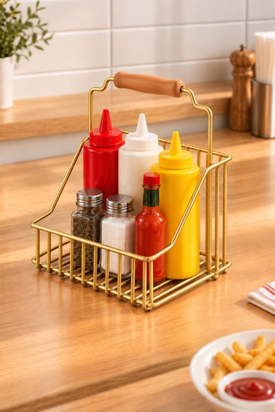 Edora Home Mat Gold Bistro Metal Sosluk Sepeti, Ketçap ve Mayonez Şişesi Sunum Düzenleyici