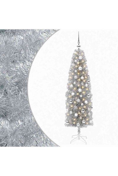 vidaxl Brad de Crăciun artificial îngust cu globuri 180 cm 300 LED-uri
