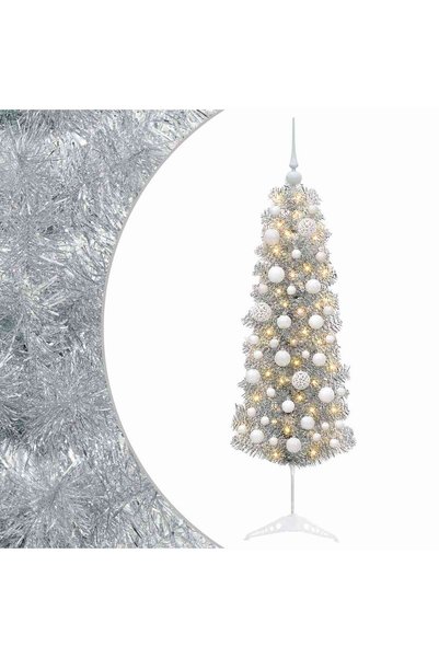 vidaxl Brad de Crăciun artificial îngust cu globuri 150 cm 150 LED-uri