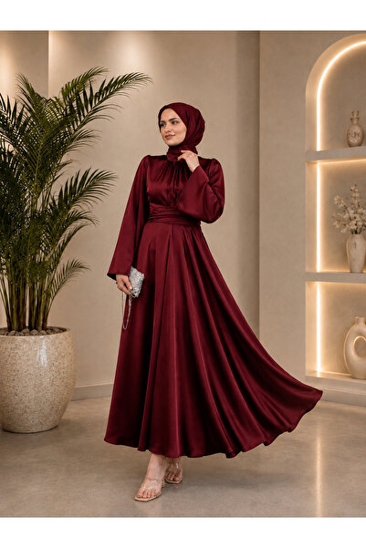 Modafeminen Spanish Sleeve Waist Wrapped Satin Evening Dress Burgundy