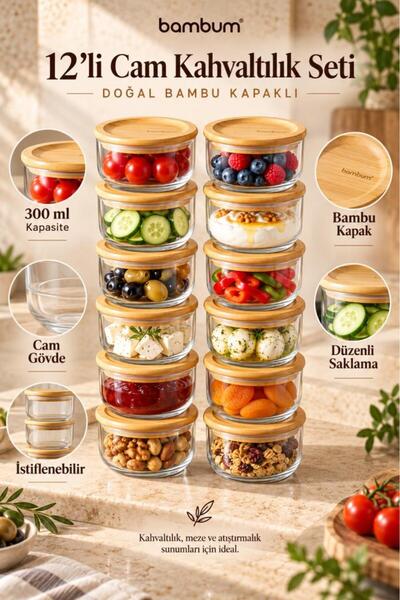 Atbyhome Bambum 12'li Bambu Kapaklı Cam Kahvaltılık Seti 300 ml - Vakumlu Saklama Kabı Ve Kahvaltılık Seti