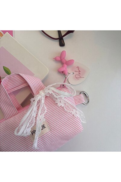 PİNKUE Pembe Beyaz Çizgili Mini Çanta Anahtarlık, AirPods Kulaklık Kılıfı, Ka...