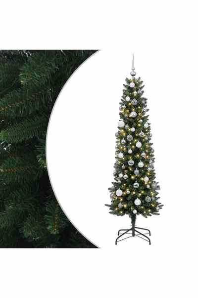 vidaxl Brad de Crăciun artificial, îngust, cu globuri 210 cm
