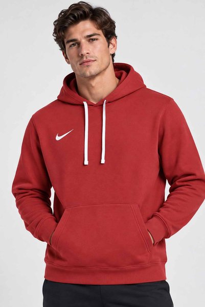 Nike Erkek Kırmızı İçi Polarlı Kapüşonlu Sweatshirt Pamuklu Kanguru Cepli