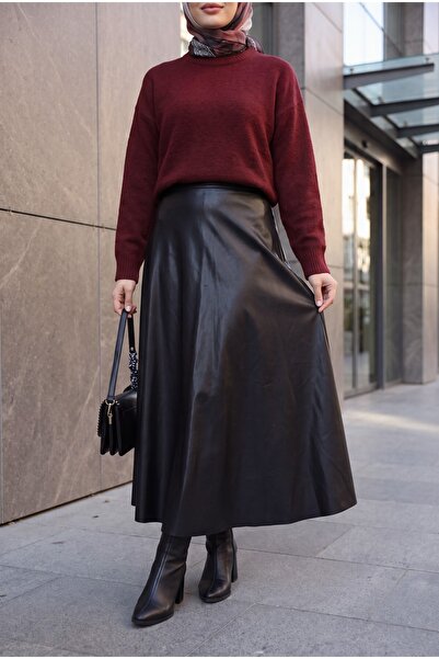 Modamorfo Elastic Waist Flared Leather Skirt - Black
