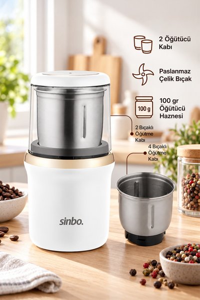 Sinbo 2982 Kahve & Baharat Öğütücü Beyaz/Gold – 200W Güç, Paslanmaz Çelik Bıçak, 100g Kapasite - PH