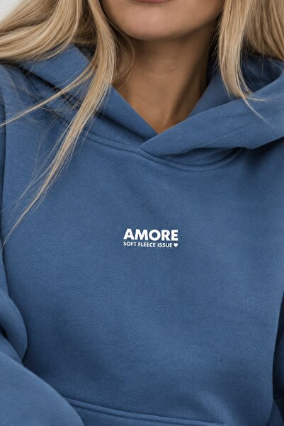 The Champ Clothing هودي نسائي كبير الحجم مطبوع عليه Amore Marine - بقلنسوة، وجيب كانجارو، وقماش صوف رايدر بثلاثة خيوط