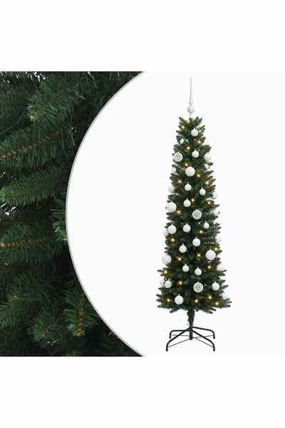 vidaxl Brad de Crăciun artificial îngust cu globuri 150 cm 150 LED-uri