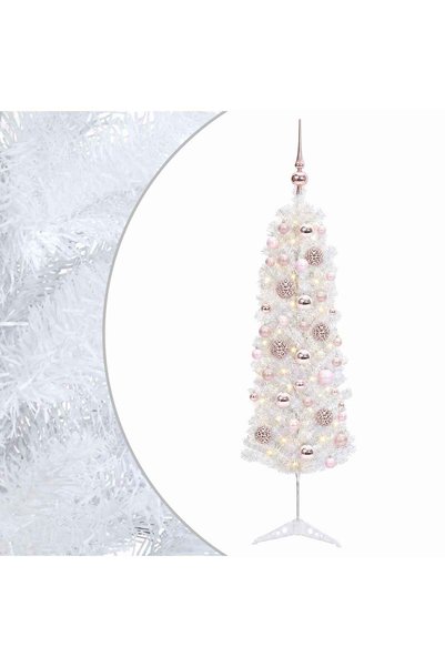 vidaxl Brad de Crăciun artificial îngust cu globuri 120 cm 150 LED-uri