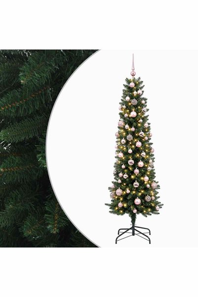 vidaxl Brad de Crăciun artificial îngust cu globuri 210 cm 300 LED-uri