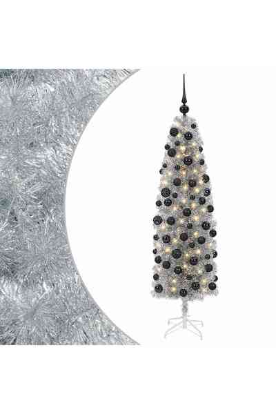 vidaxl Brad de Crăciun artificial îngust cu globuri 180 cm 300 LED-uri