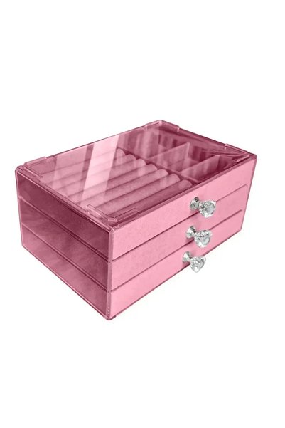 Choice AV-Pink 3 Drawer Large Capacity Velvet Dustproof Desktop Jewelry Stora...