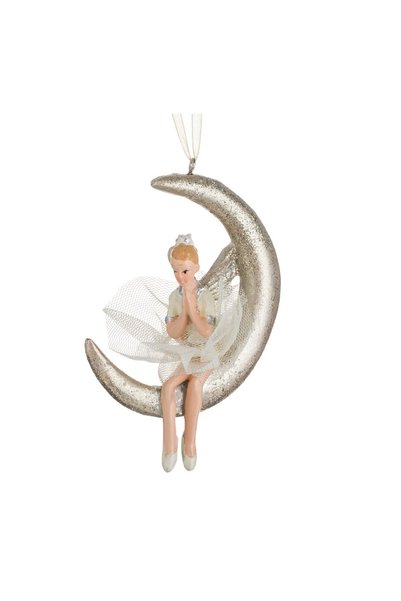 OEM Ornament Brad de Crăciun Semiluna din Polyresina Bej cu Strass Ingeras și...