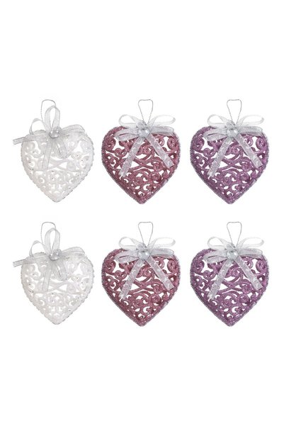 OEM Set Ornamente de Crăciun Inimi Albe Mov Roz Glitter 8 cm – 6 buc. – Decor...
