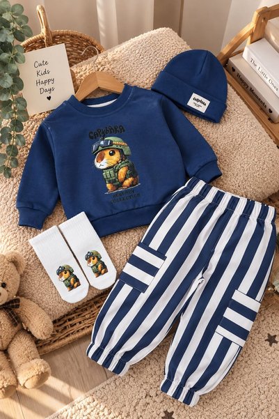 Minigimin Cicileri Character Printed Striped Cargo Pocket Baby Boy Set of 4 -...