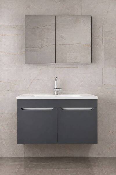 Alfa Banyo Piramit Antrasit 65 cm Aynalı Seramik Lavabolu MDF Banyo Dolabı Se...